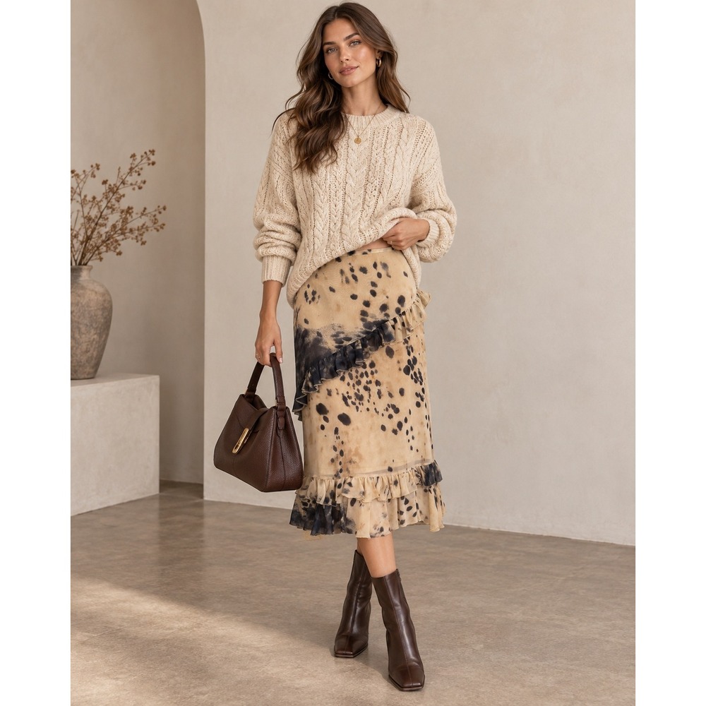 Mondi VTG Silk Ruffle Midi Skirt Abstract Animal Print Tan Black EU 34/US 2